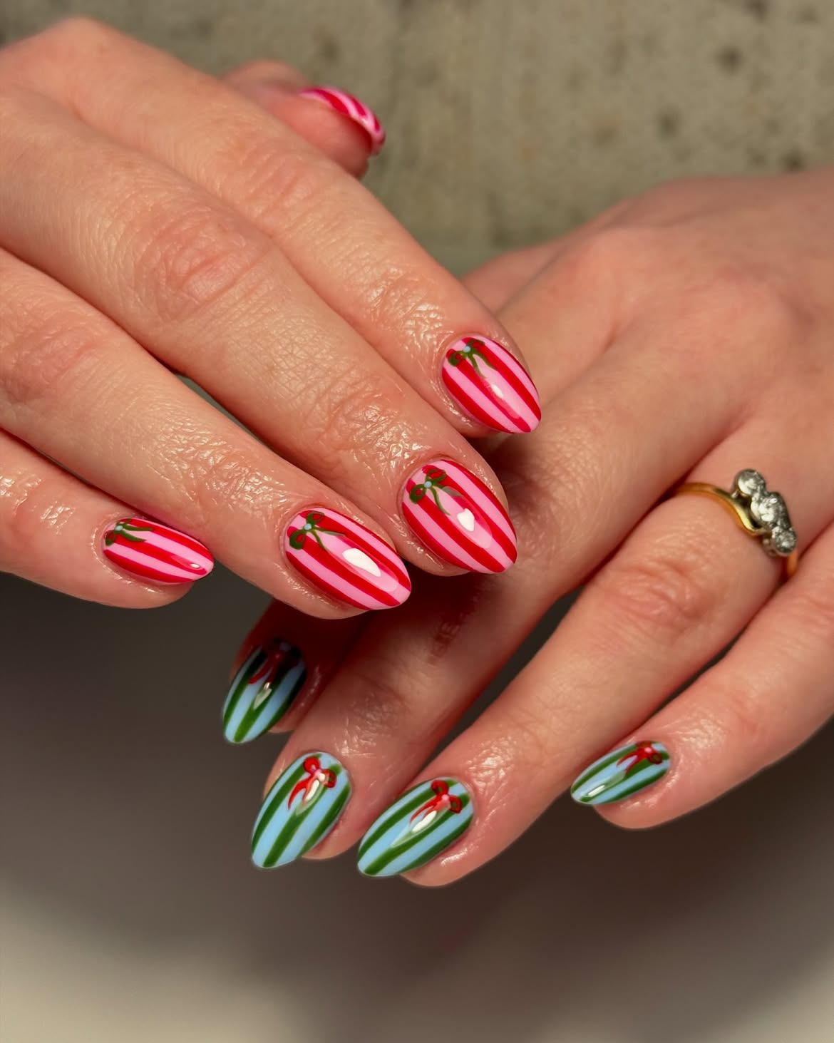Candy Cane Gift Wrapped Almond Nails