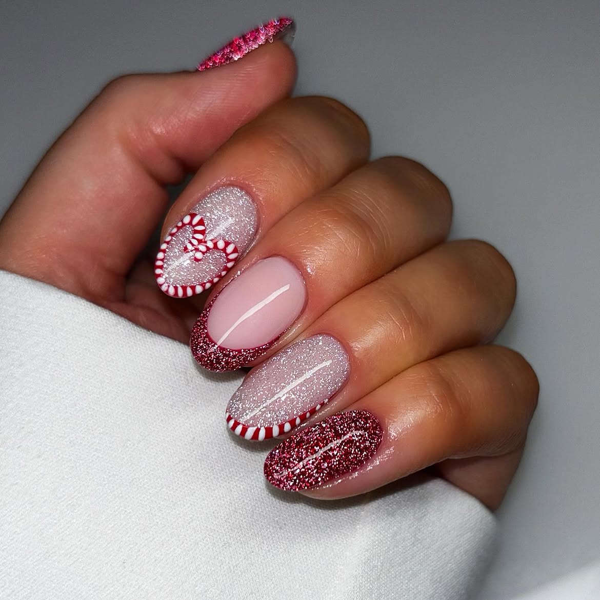 Candy Cane Heart French Glitter Nails