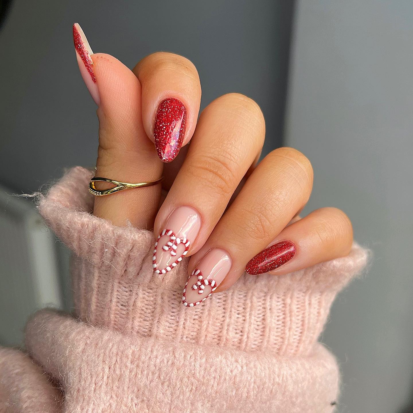 Candy Cane Heart French Tip Christmas Nails