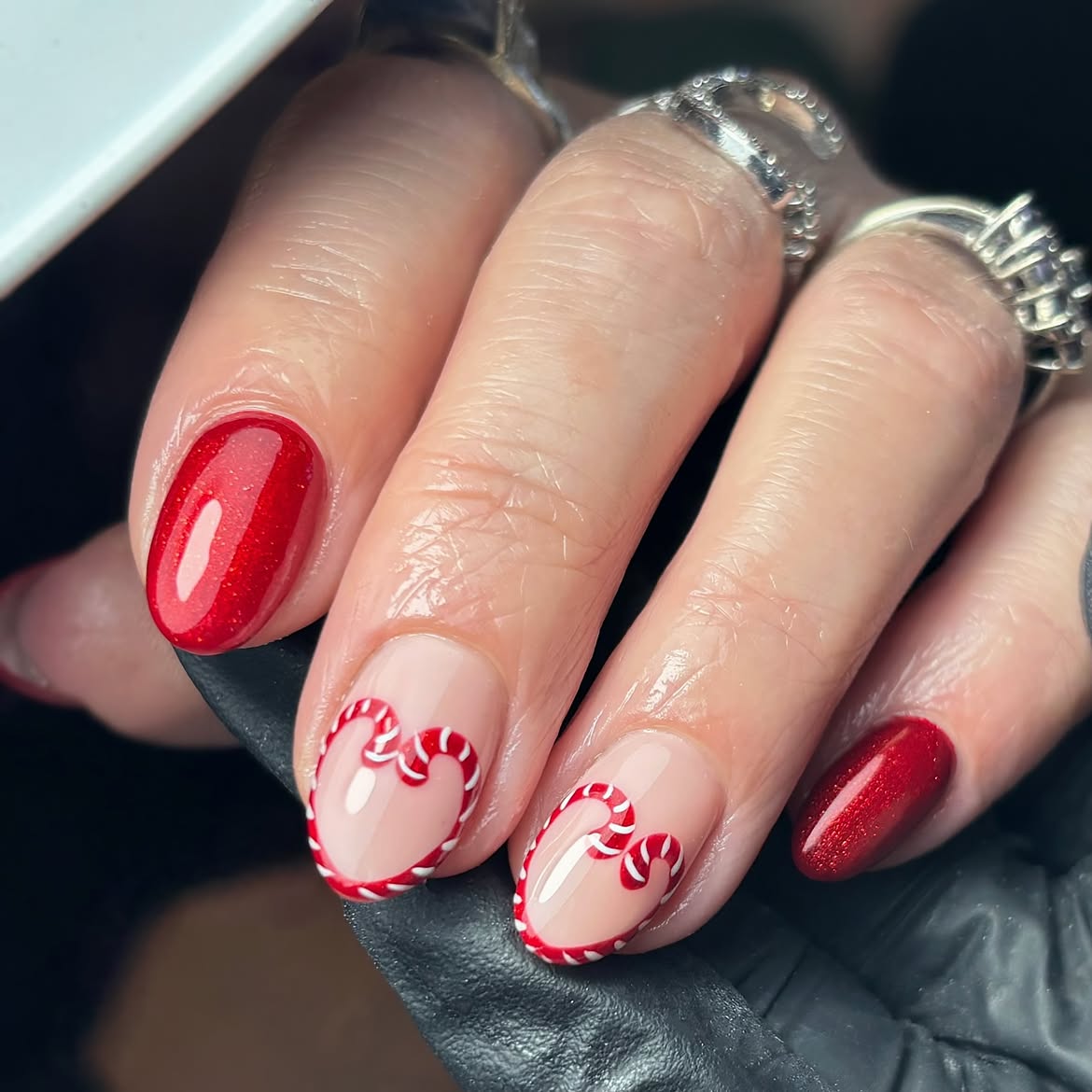 Candy Cane Heart French Tip Holiday Nails