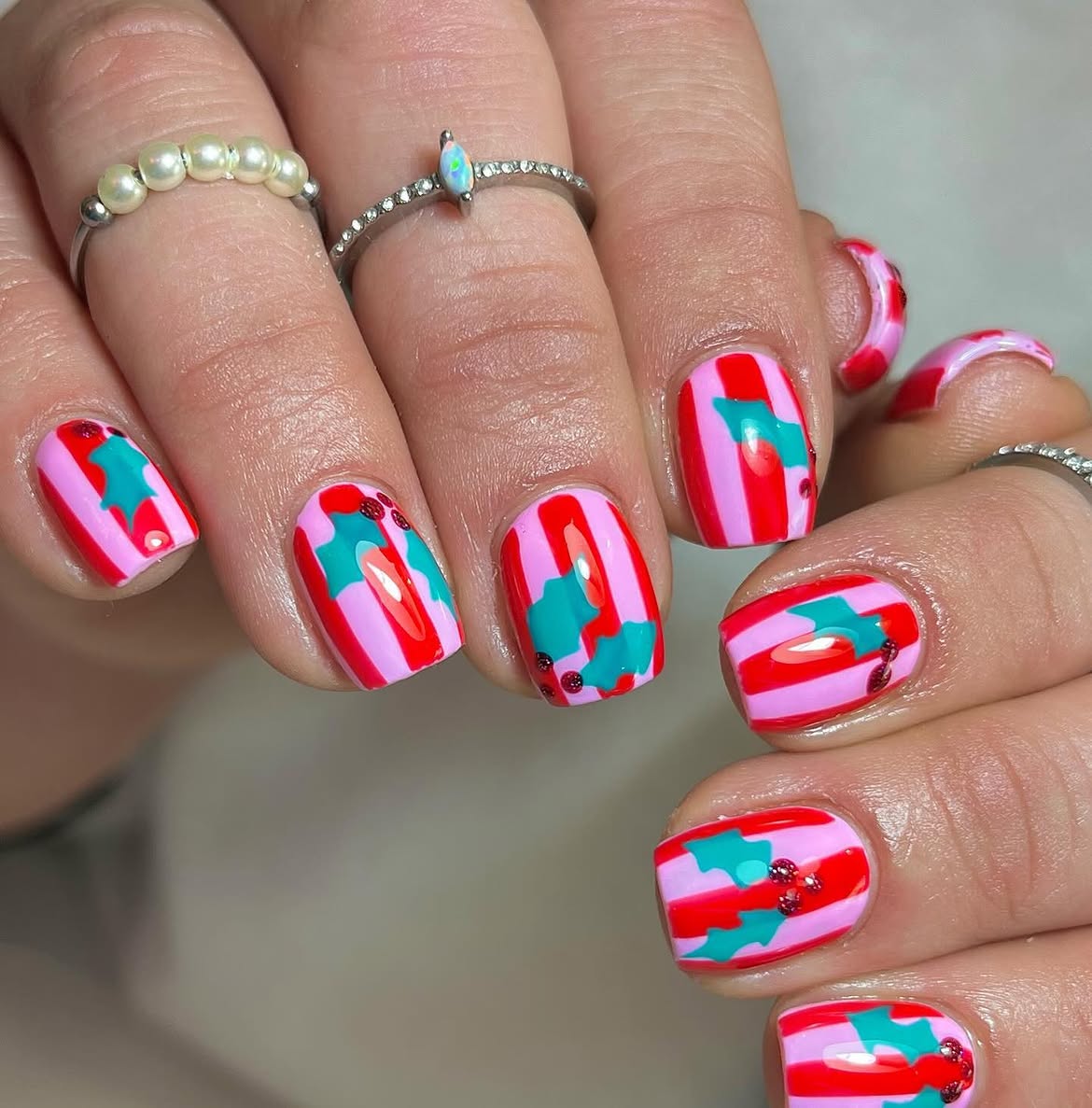 Candy Cane Holly Pink Christmas Nails