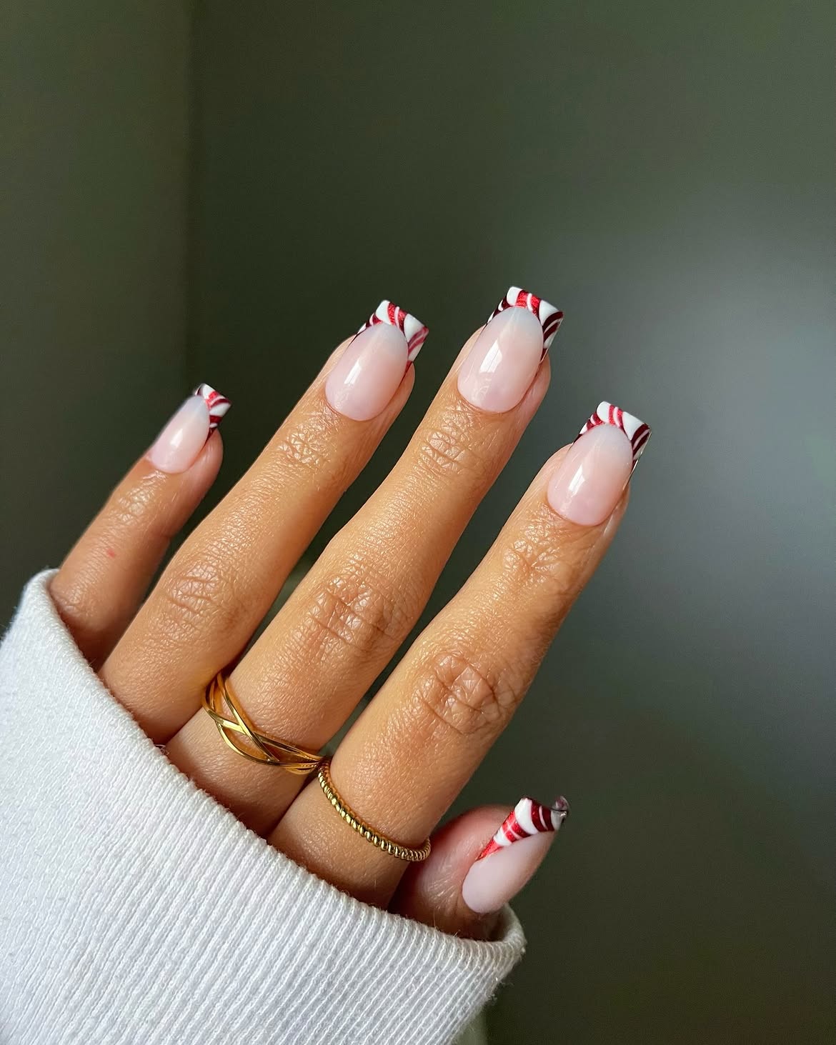 Candy Cane Striped French Tip Christmas Nails