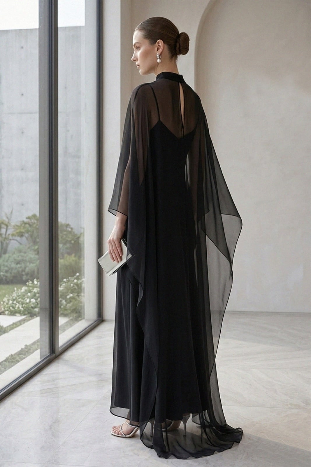 Sheer organza cape overlay on a black slip dress, Close-Up Take Sheer organza cape overlay on a black slip dress, Close-Up Take — Cape Outfits
