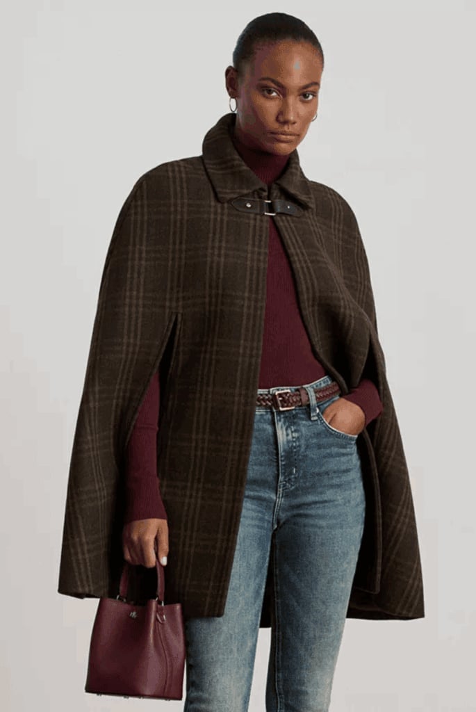 Brown plaid wool blend cape over a turtleneck, Office-Safe Version Brown plaid wool blend cape over a turtleneck, Office-Safe Version — Cape Outfits