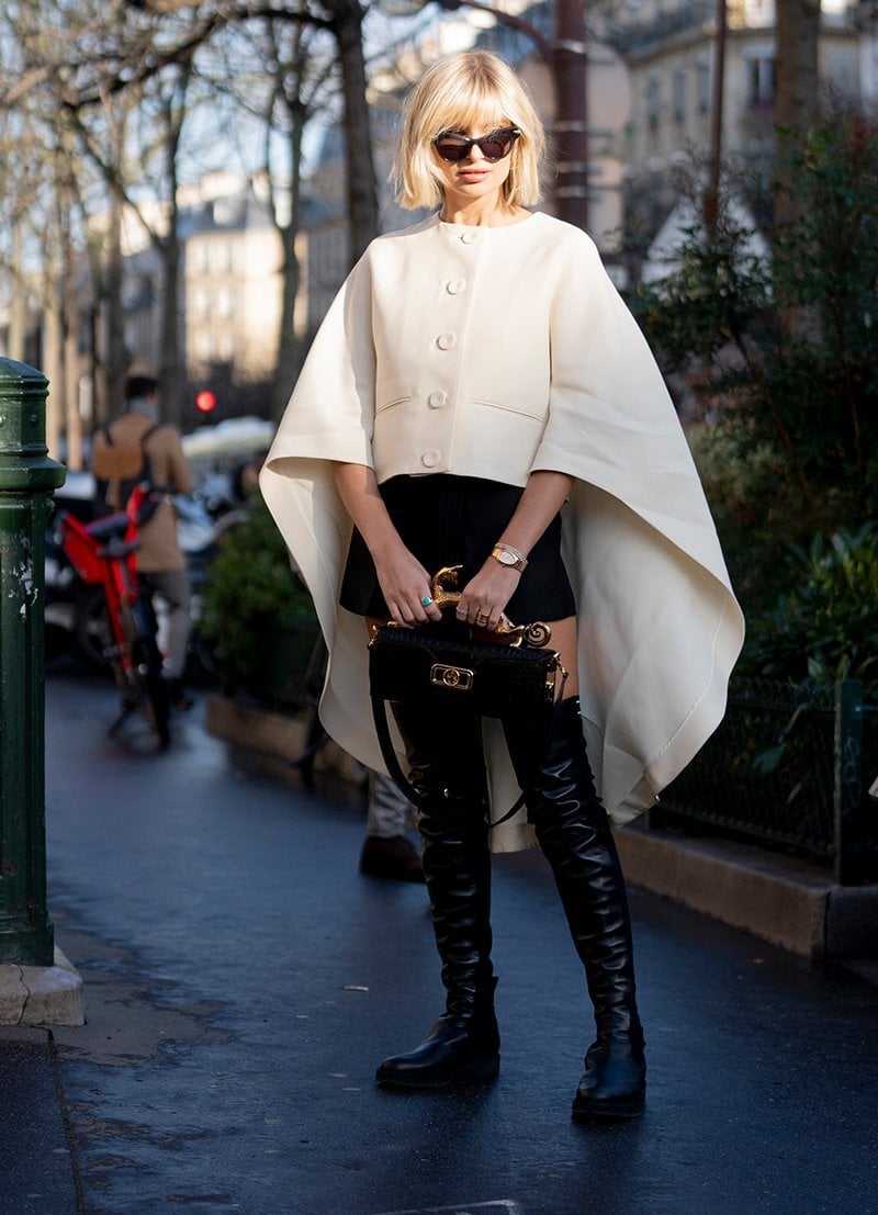 Cream cropped cape jacket with black over-the-knee, Close-Up Take Cream cropped cape jacket with black over-the-knee, Close-Up Take — Cape Outfits