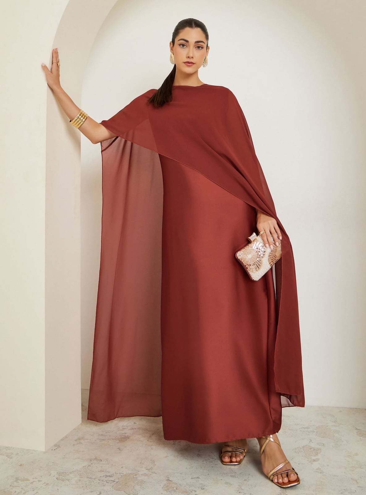 Rust-colored maxi dress with sheer chiffon cape overlay Rust-colored maxi dress with sheer chiffon cape overlay — Cape Outfits