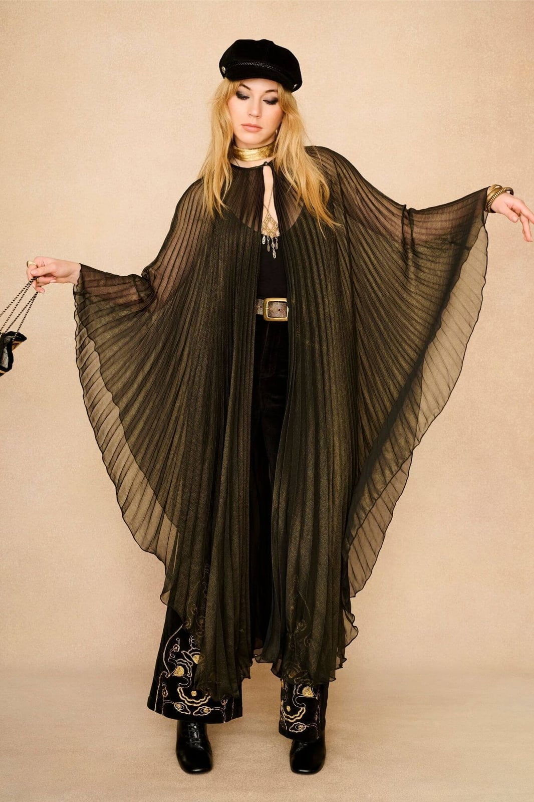 Sheer olive green pleated cape for evening wear Cape Outfits