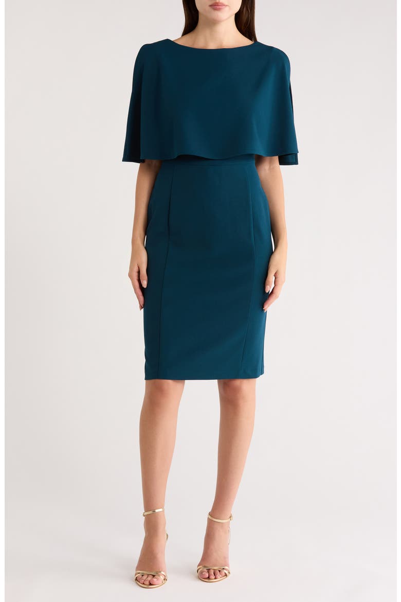 Teal crepe pencil dress with cape neckline overlay Teal crepe pencil dress with cape neckline overlay — Cape Outfits