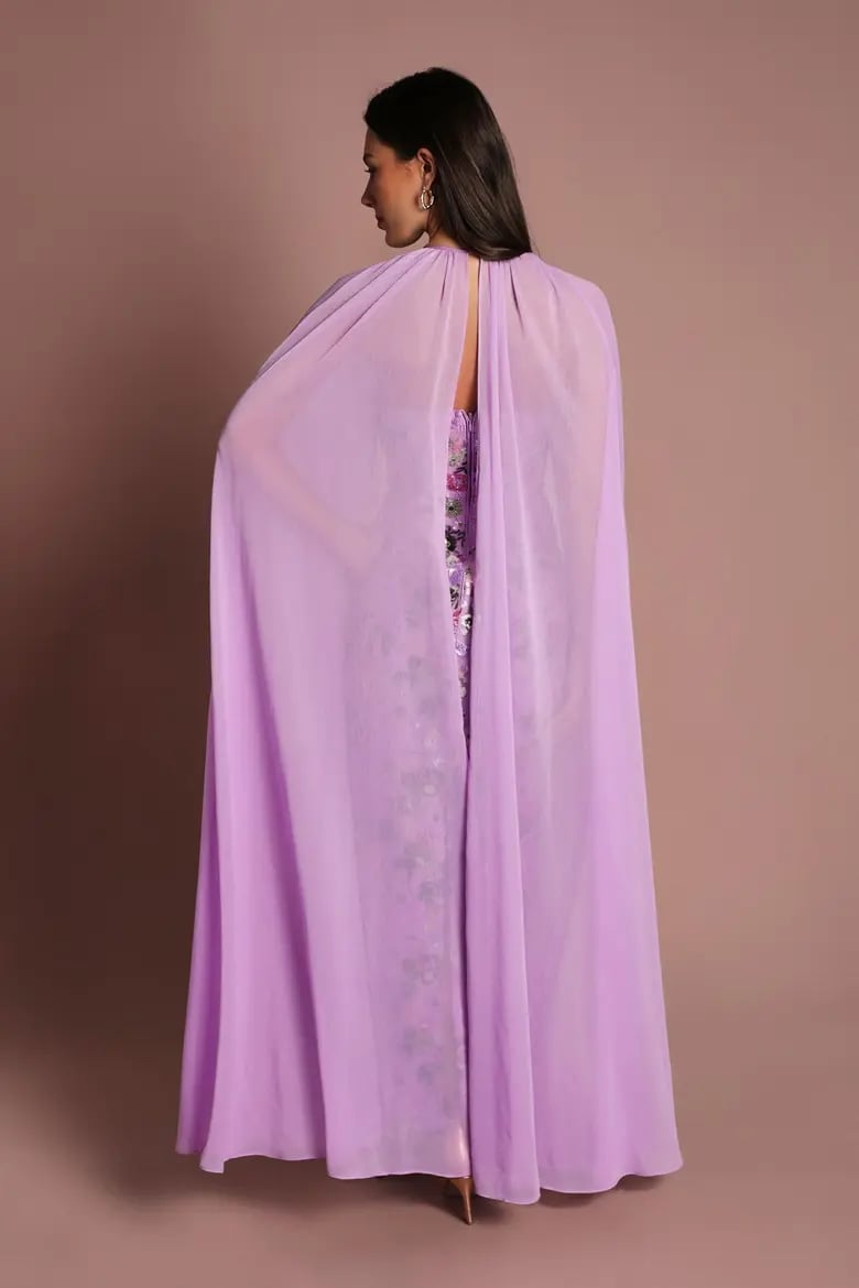 Lilac chiffon cape over a floral print dress Lilac chiffon cape over a floral print dress — Cape Outfits