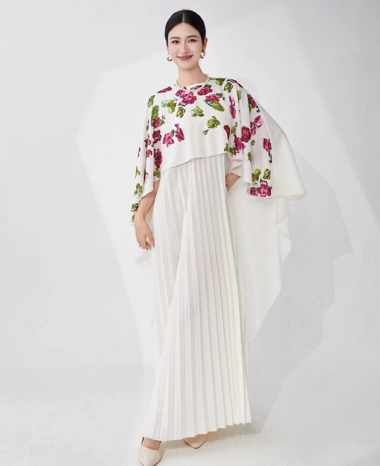 White pleated cape dress with floral print overlay White pleated cape dress with floral print overlay — Cape Outfits