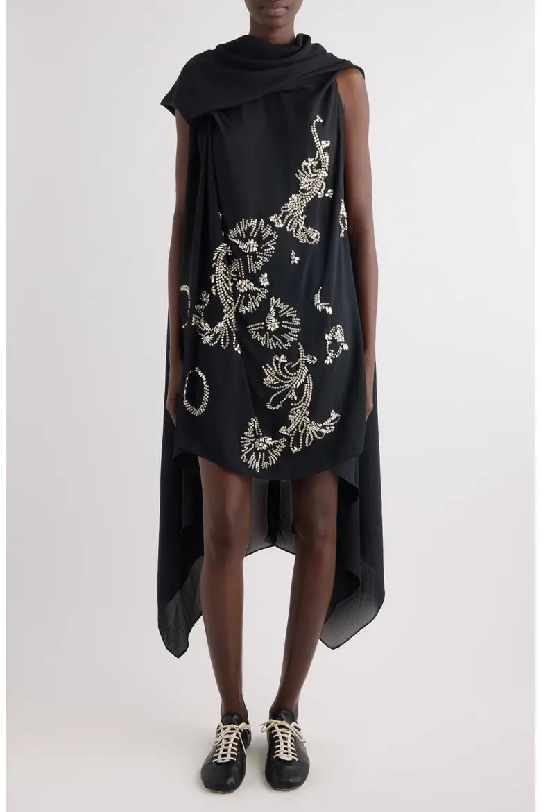 Black cape dress with embellishments and high-low hem, Close-Up Take Black cape dress with embellishments and high-low hem, Close-Up Take — Cape Outfits