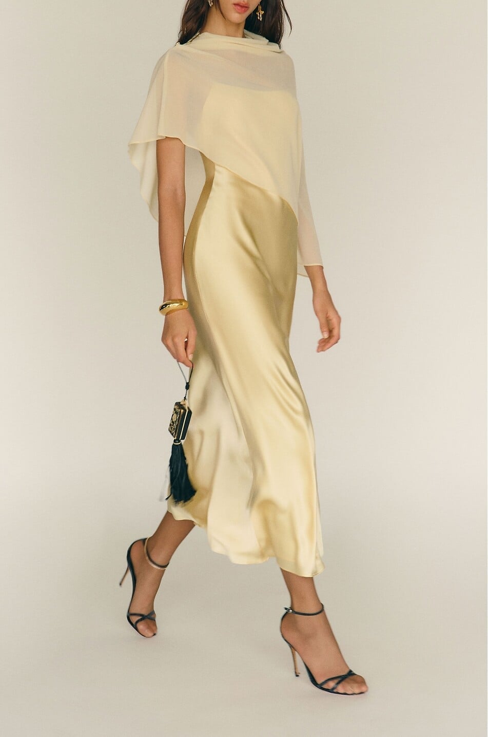Pale yellow silk slip dress with sheer draped cape Pale yellow silk slip dress with sheer draped cape — Cape Outfits