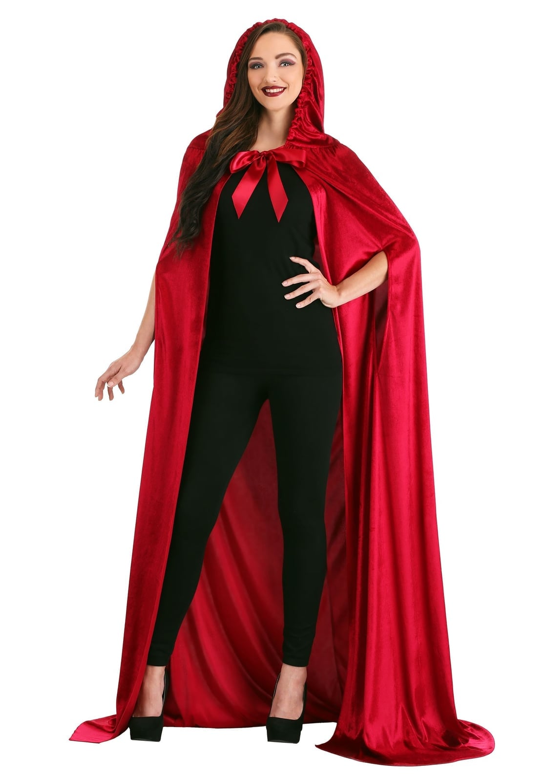Long flowing red velvet hooded cape, Paired With Black Heels Long flowing red velvet hooded cape, Paired With Black Heels — Cape Outfits