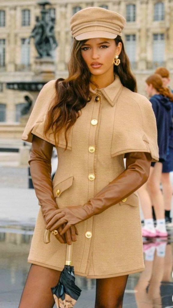 Tailored beige cape dress with gold buttons Tailored beige cape dress with gold buttons — Cape Outfits
