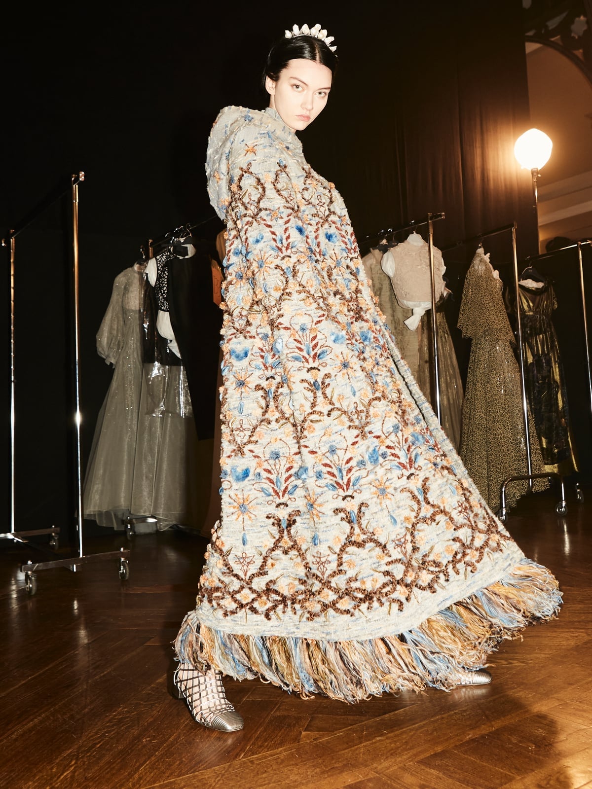 Heavily embroidered cape with fringe hem, Silver Embellished Heels Heavily embroidered cape with fringe hem, Silver Embellished Heels — Cape Outfits