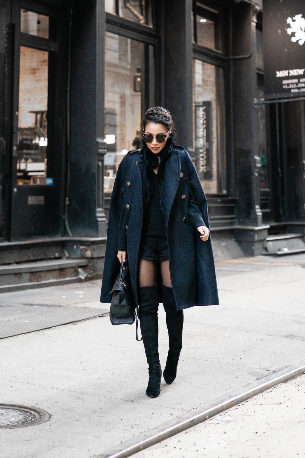 Navy wool cape coat with gold buttons for casual wear, Close-Up Take Cape Outfits