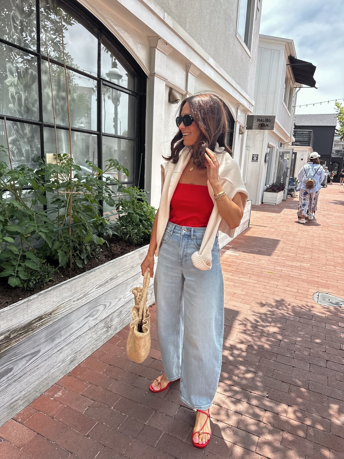 Red Strapless Top With Wide Leg Jeans Red Strapless Top With Wide Leg Jeans — Capsule Wardrobe