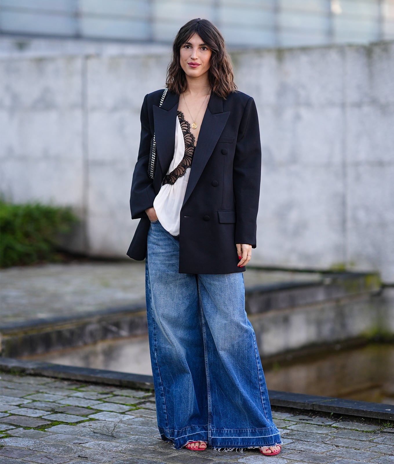 Black Blazer Over Lace Camisole and Wide Leg Jeans Black Blazer Over Lace Camisole and Wide Leg Jeans — Capsule Wardrobe