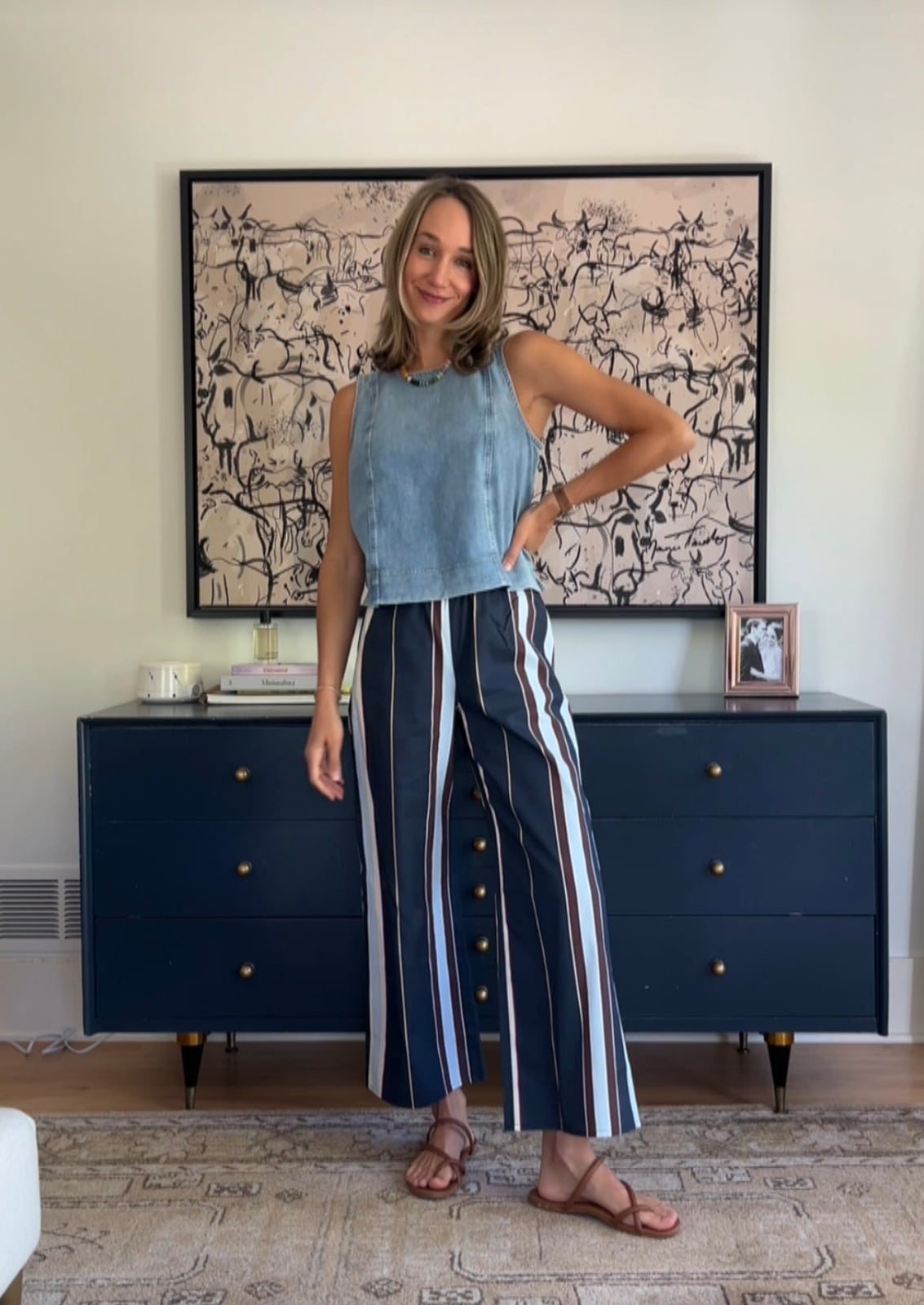 Denim Sleeveless Top With Striped Wide Leg Trousers Denim Sleeveless Top With Striped Wide Leg Trousers — Capsule Wardrobe