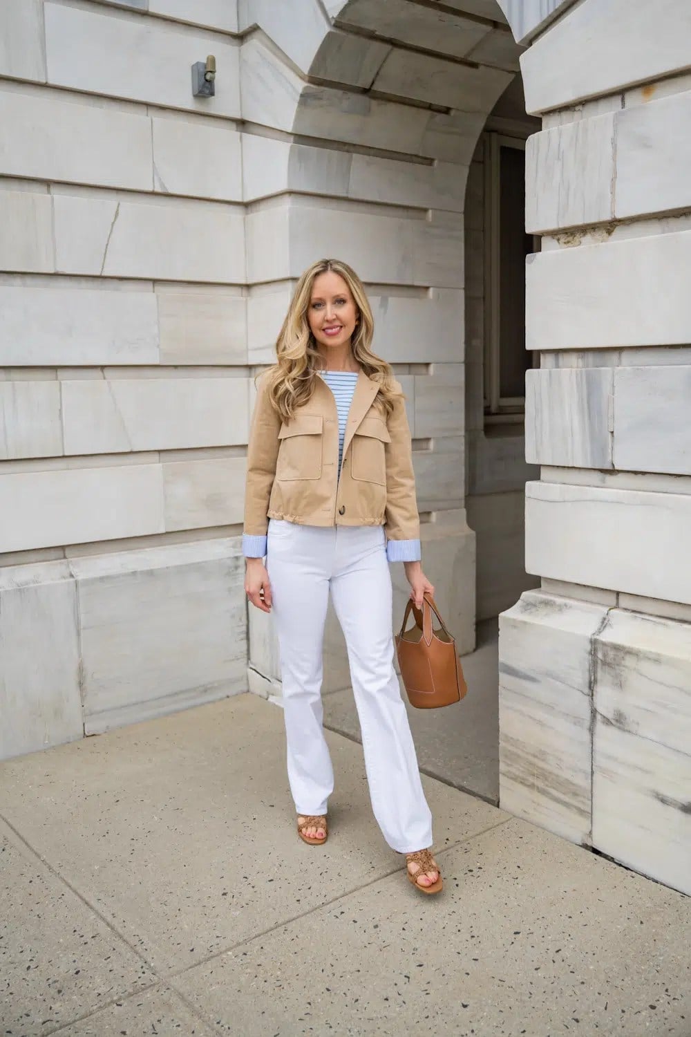 Tan Cropped Jacket With Striped Shirt and White, Close-Up Take Tan Cropped Jacket With Striped Shirt and White, Close-Up Take — Capsule Wardrobe