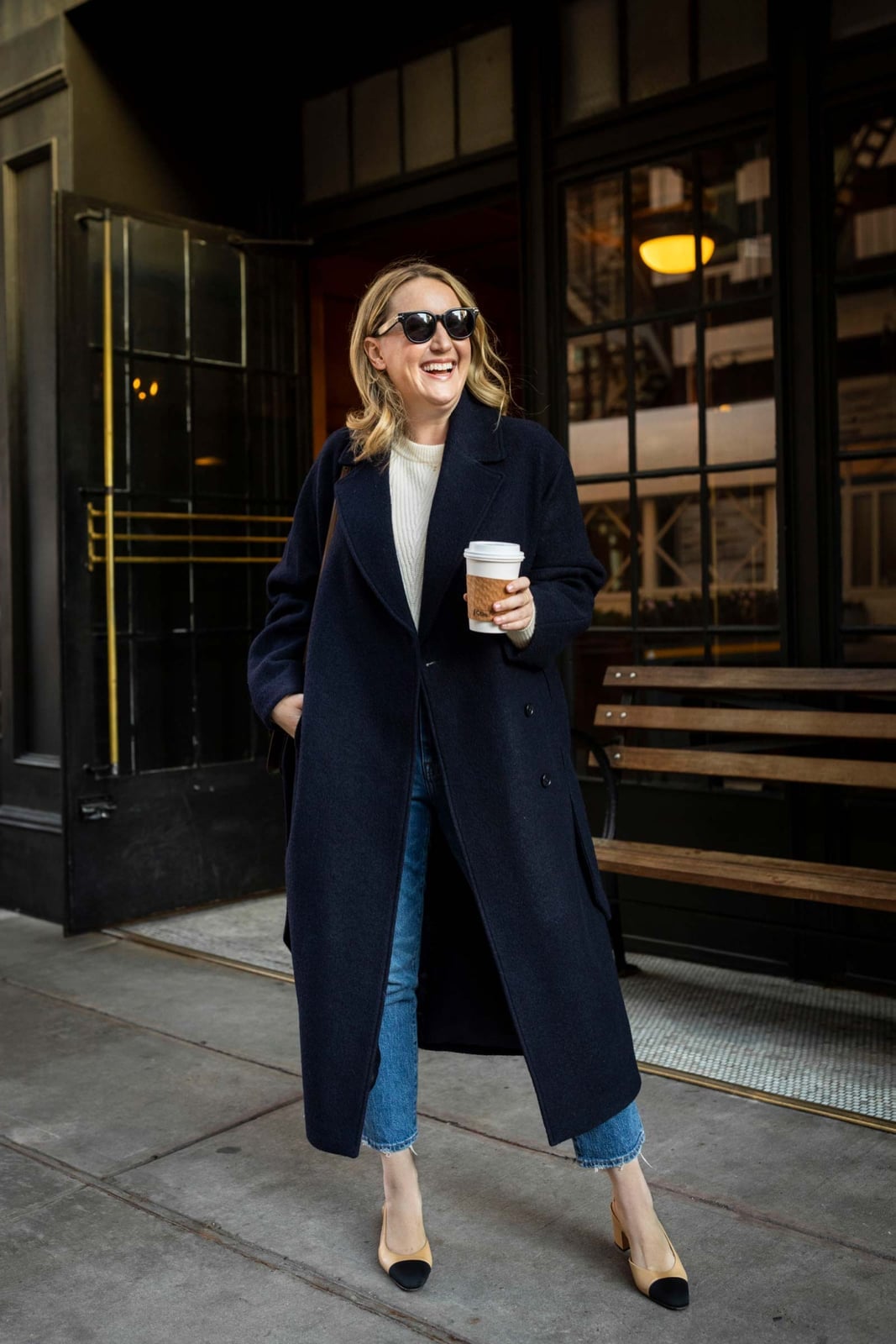 Long Navy Wool Coat Over Cream Sweater and Jeans Long Navy Wool Coat Over Cream Sweater and Jeans — Capsule Wardrobe