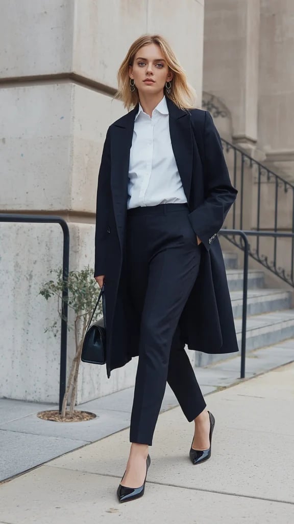 Black Coat Over White Shirt and Tailored Trousers, Straight Leg Black Coat Over White Shirt and Tailored Trousers, Straight Leg — Capsule Wardrobe