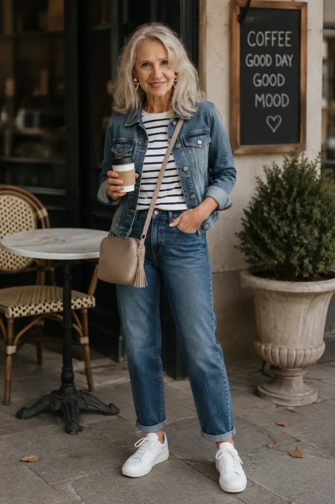 Denim Jacket Over Striped T-shirt With Relaxed Jeans Denim Jacket Over Striped T-shirt With Relaxed Jeans — Capsule Wardrobe