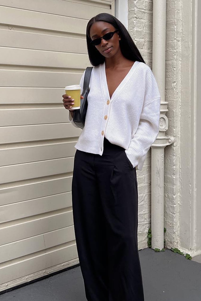 White Cardigan Over Black Top and Wide Leg Trousers White Cardigan Over Black Top and Wide Leg Trousers — Capsule Wardrobe
