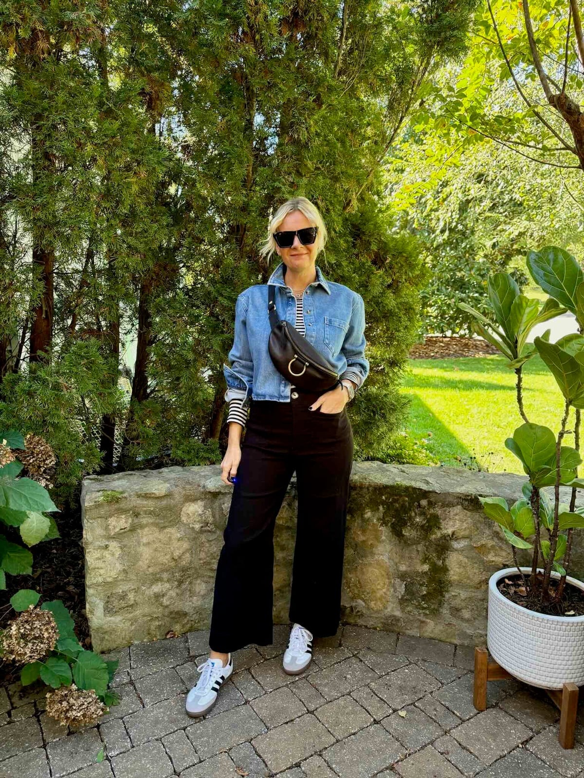 Cropped Denim Jacket With Striped T-shirt and Wide Leg Trousers Cropped Denim Jacket With Striped T-shirt and Wide Leg Trousers — Capsule Wardrobe