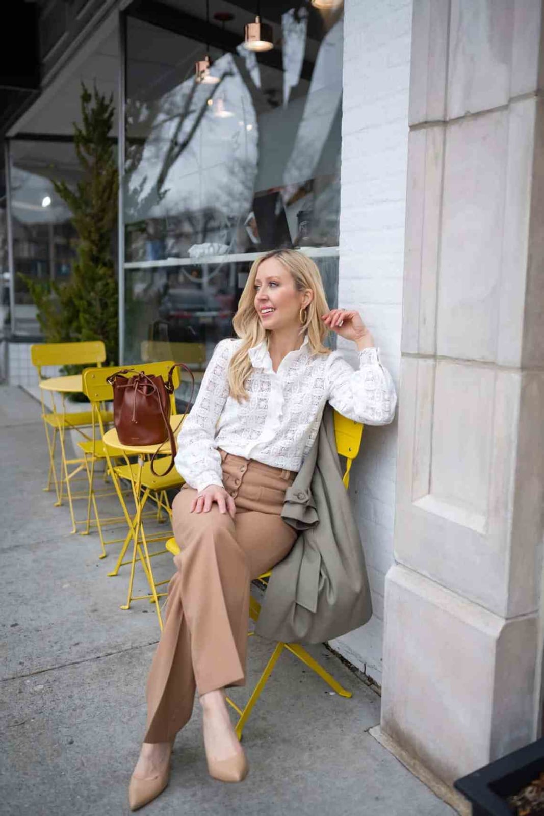 White Eyelet Blouse With Camel Wide Leg Trousers, Cotton White Eyelet Blouse With Camel Wide Leg Trousers, Cotton — Capsule Wardrobe