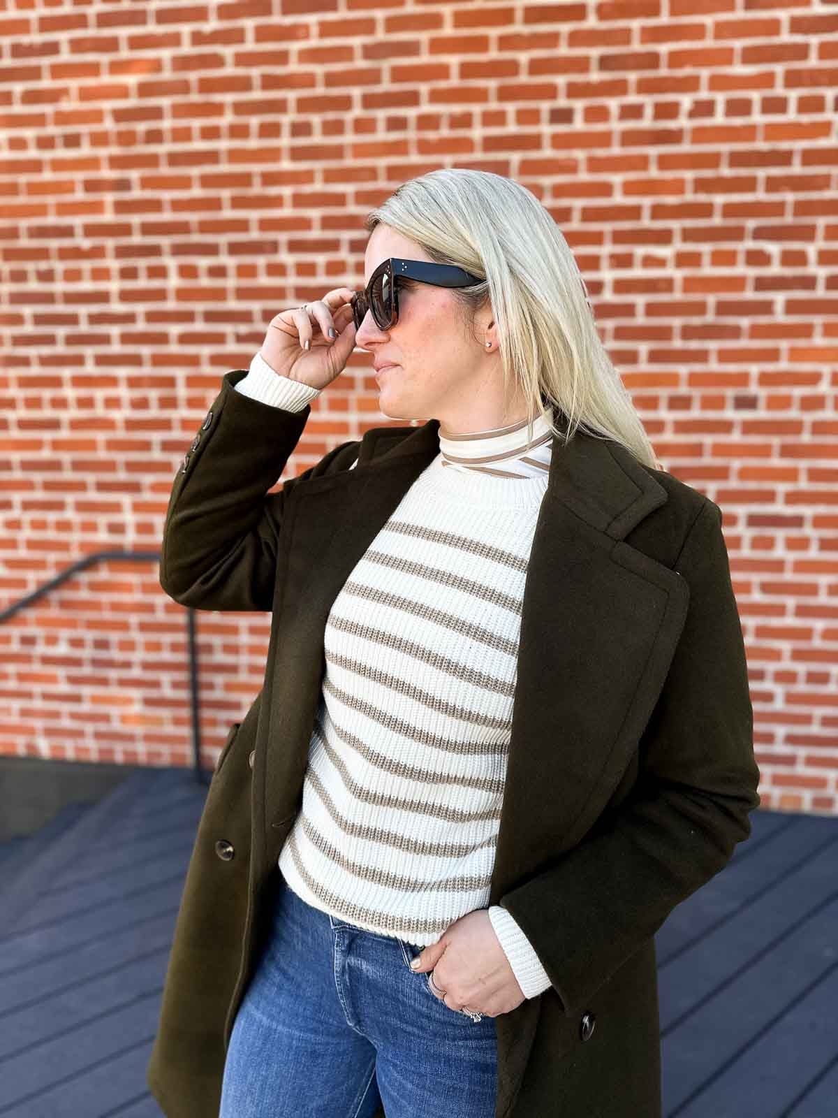 Dark Green Wool Coat Over Striped Turtleneck Dark Green Wool Coat Over Striped Turtleneck — Capsule Wardrobe