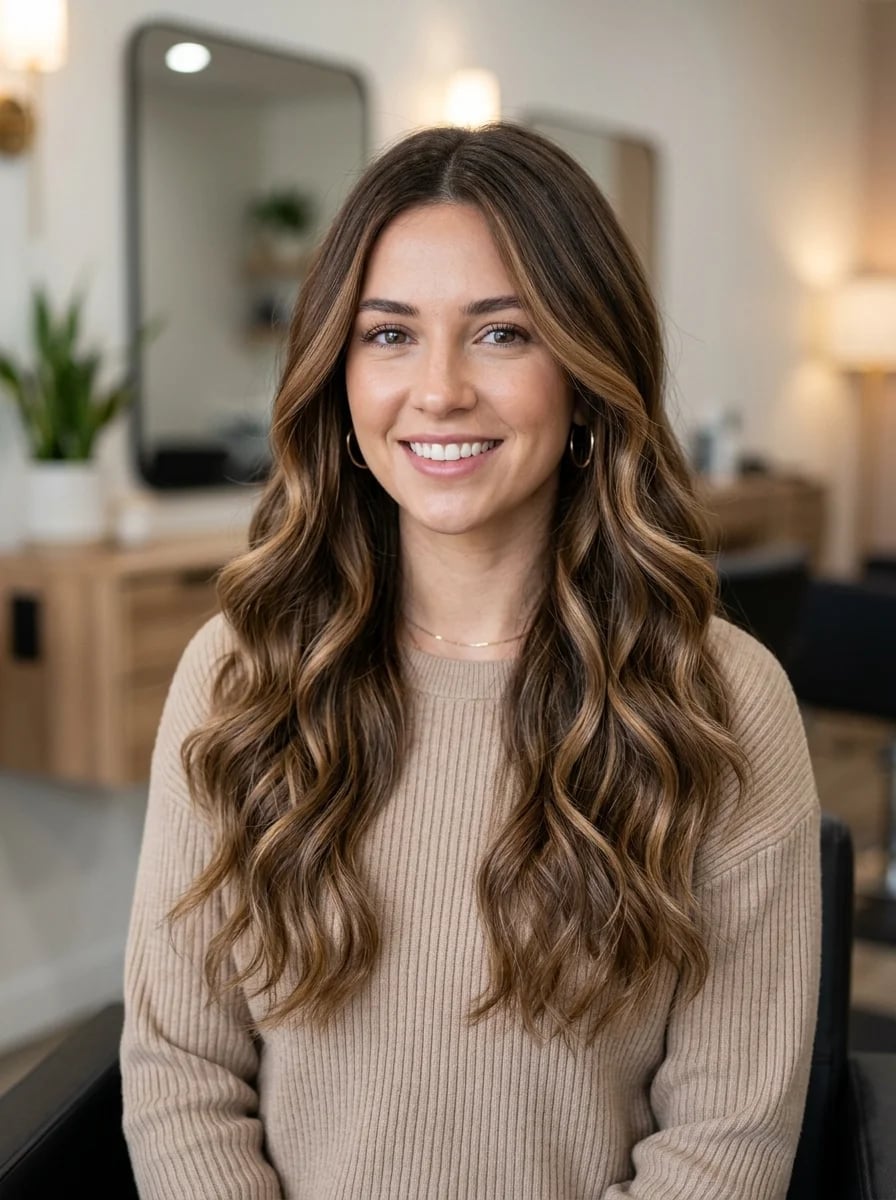 Medium Brown With Face-Framing Caramel, Mid-Back Medium Brown With Face-Framing Caramel, Mid-Back — Caramel Brown Hair