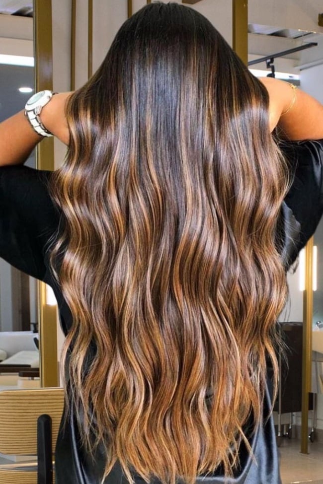 Mid-Back Brunette With Caramel Balayage Mid-Back Brunette With Caramel Balayage — Caramel Brown Hair
