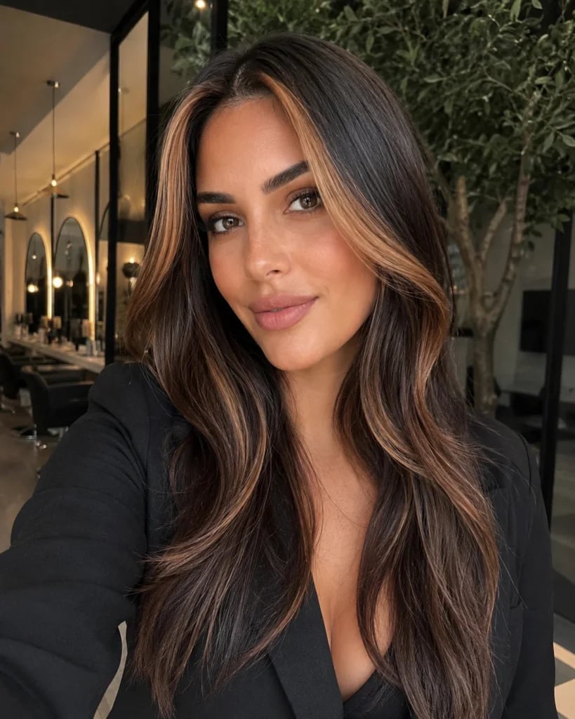 Collarbone Dark Brown With Caramel Bangs Collarbone Dark Brown With Caramel Bangs — Caramel Brown Hair