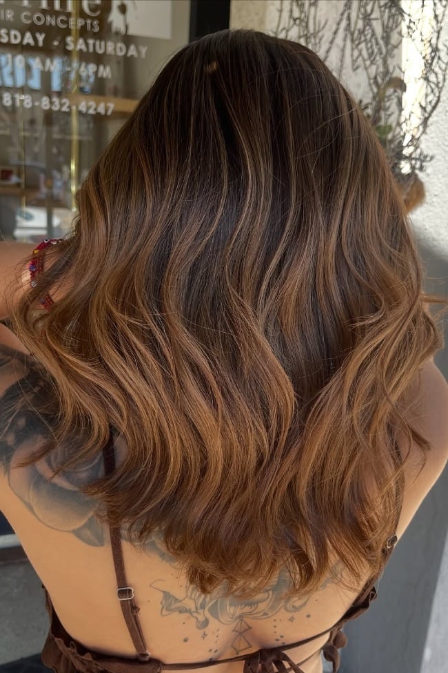 Long Brunette With Golden Caramel Ombre Long Brunette With Golden Caramel Ombre — Caramel Brown Hair