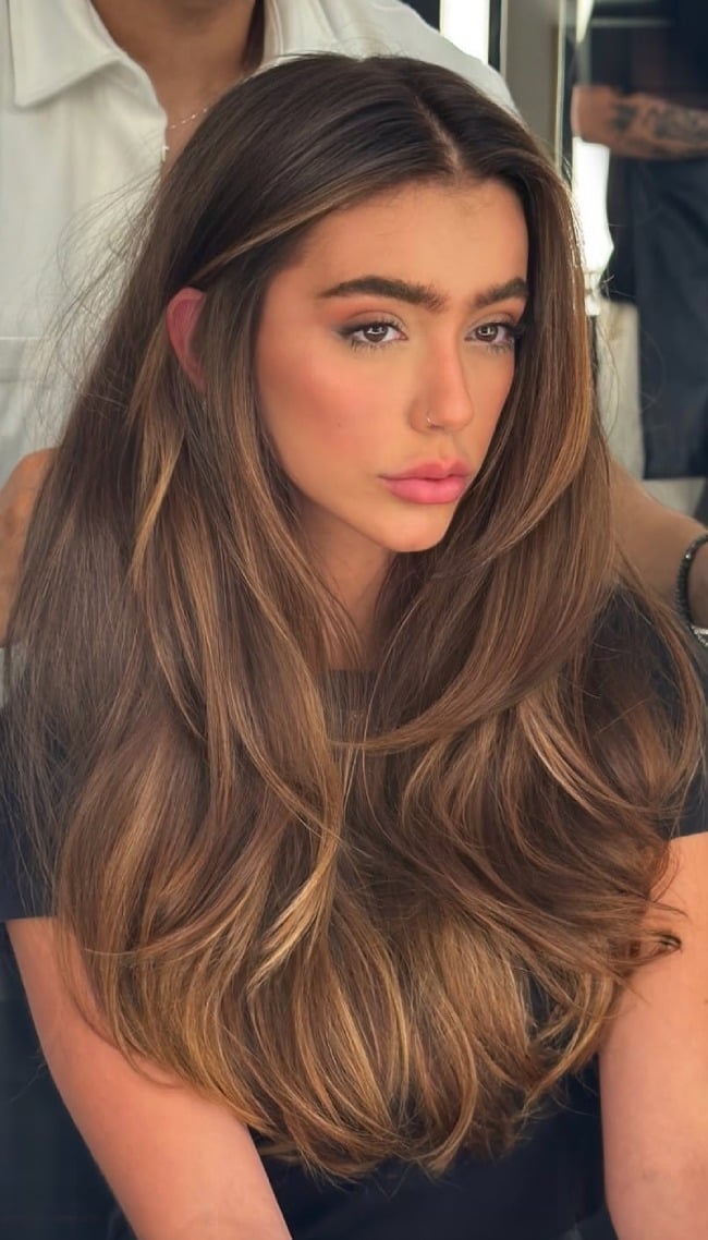 Collarbone Length Waves With Caramel Highlights Collarbone Length Waves With Caramel Highlights — Caramel Brown Hair
