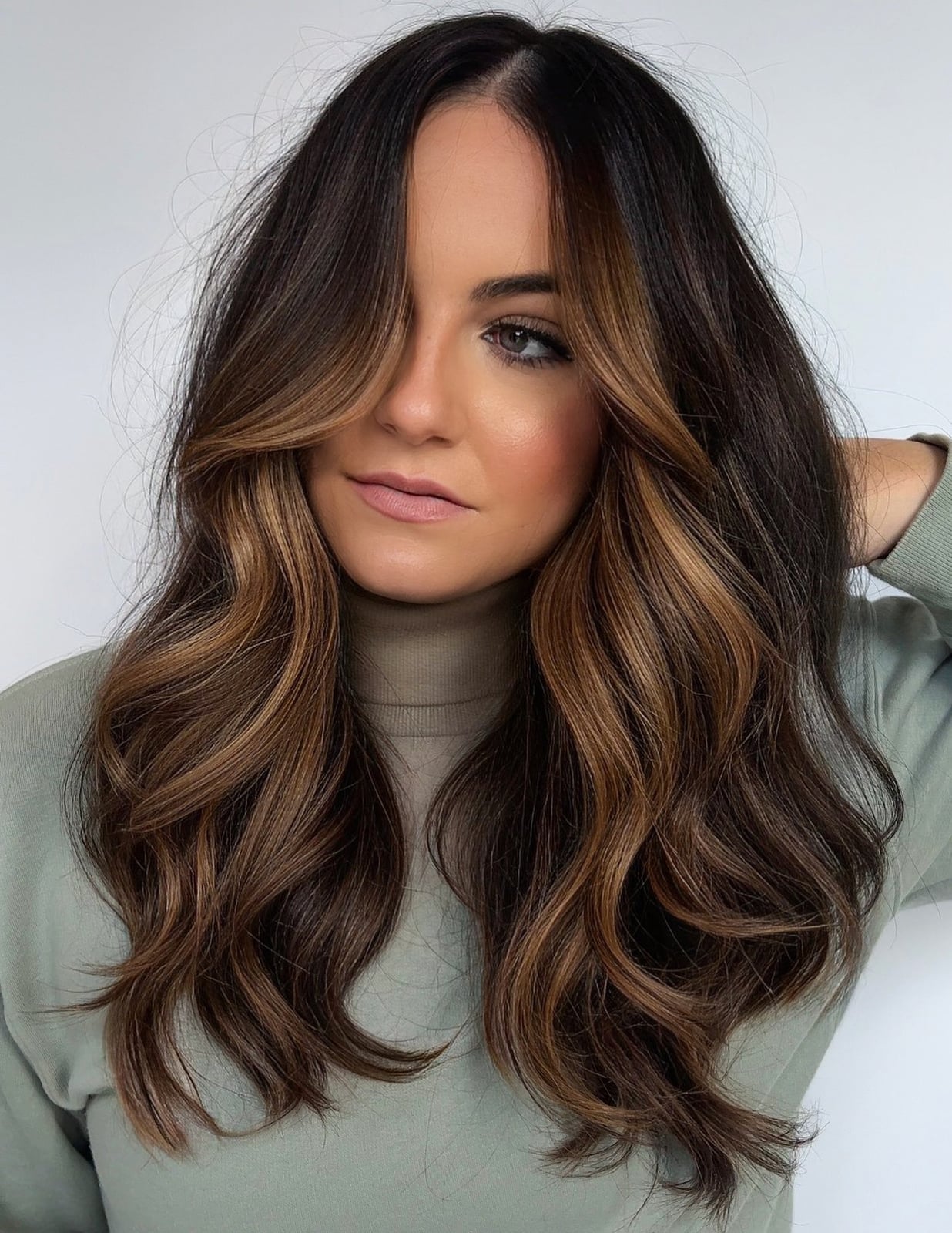 Mid-Back Dark Brown With Caramel Layers, Curtain Bangs Mid-Back Dark Brown With Caramel Layers, Curtain Bangs — Caramel Brown Hair