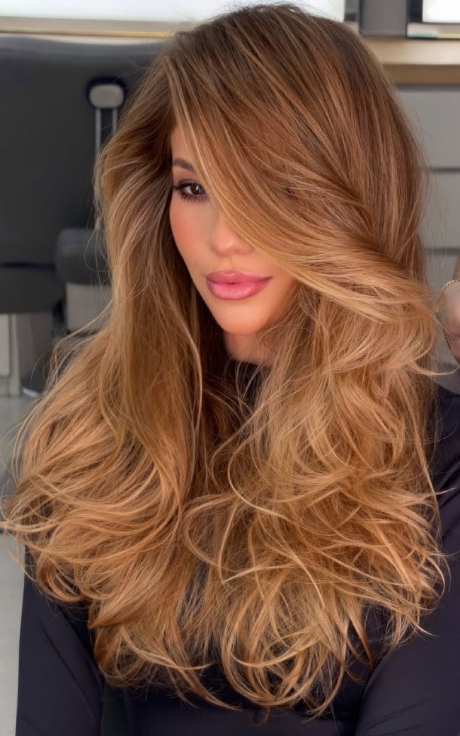 Mid-Back Layers With Caramel Highlights Mid-Back Layers With Caramel Highlights — Caramel Brown Hair
