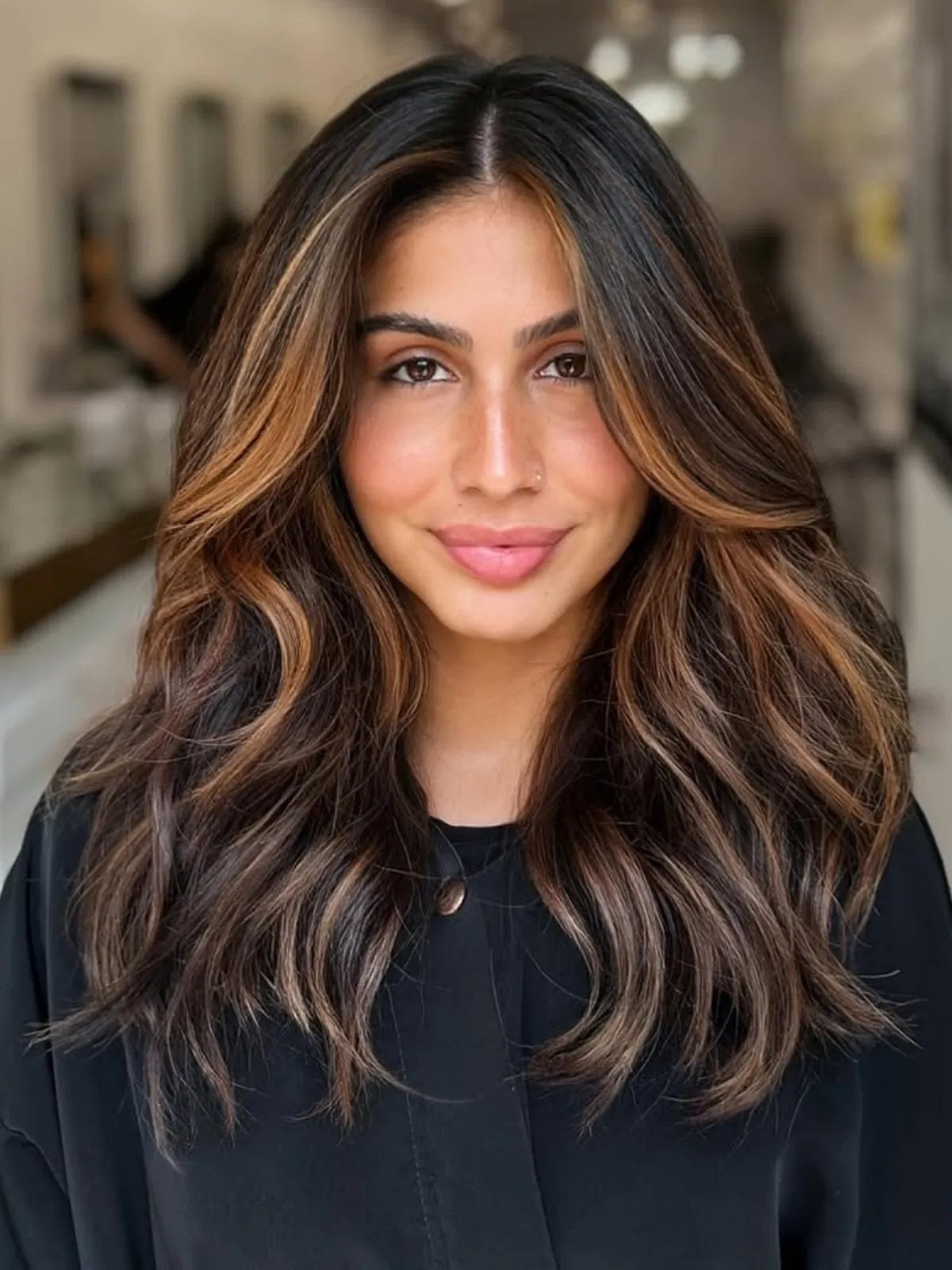 Collarbone Waves With Caramel Highlights, Appearing Thick And Glossy Collarbone Waves With Caramel Highlights, Appearing Thick And Glossy — Caramel Brown Hair