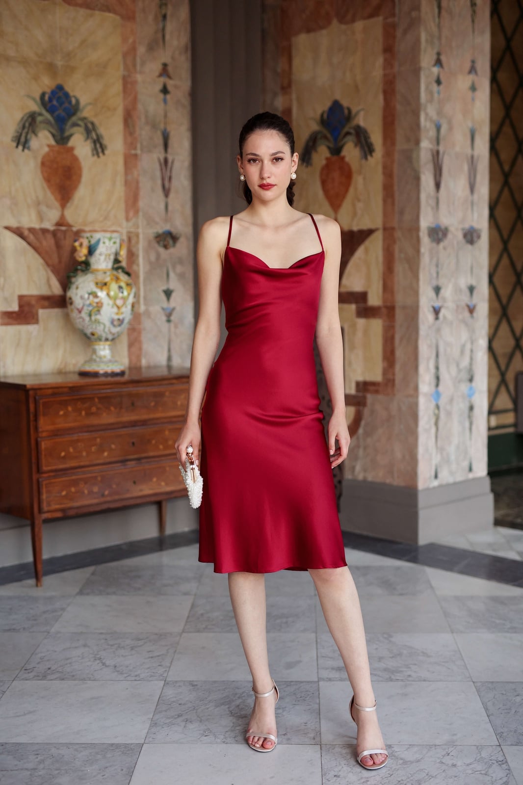Deep red satin slip dress with cowl neckline Deep red satin slip dress with cowl neckline — Casino Outfits
