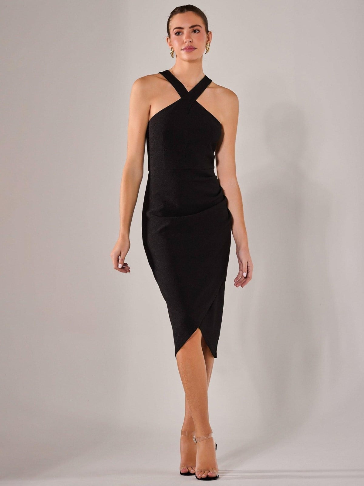 Black textured knit halter neck dress, Clear Strappy Heels Black textured knit halter neck dress, Clear Strappy Heels — Casino Outfits