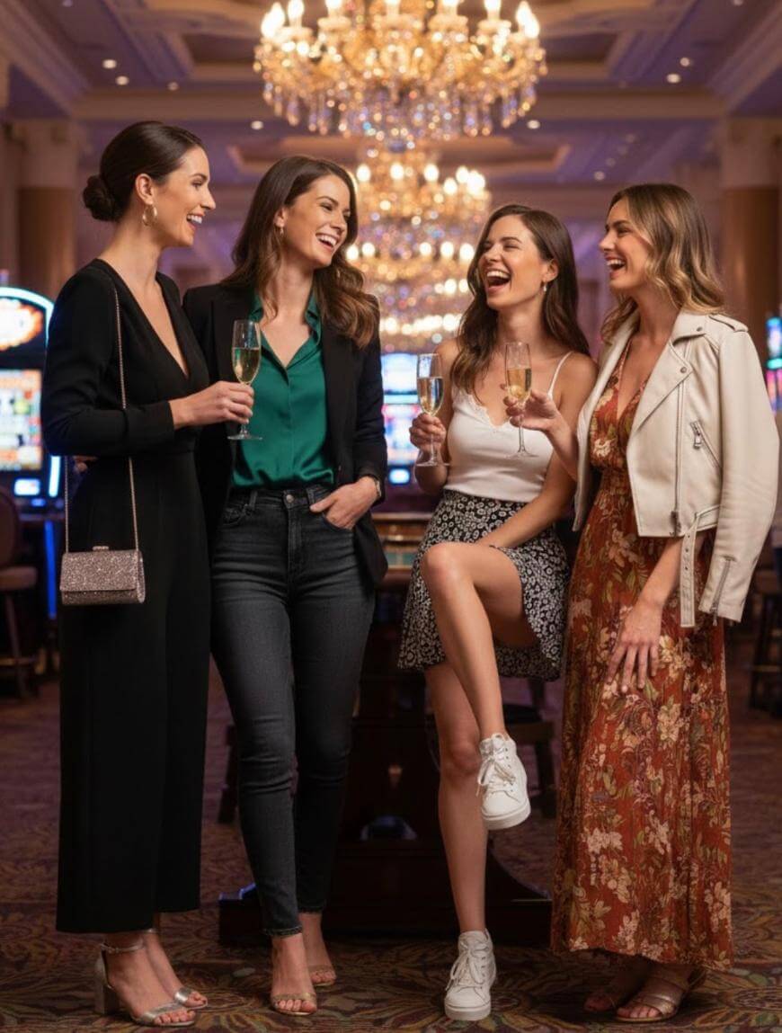 Variety of casino outfits including a black V-neck dress Variety of casino outfits including a black V-neck dress
