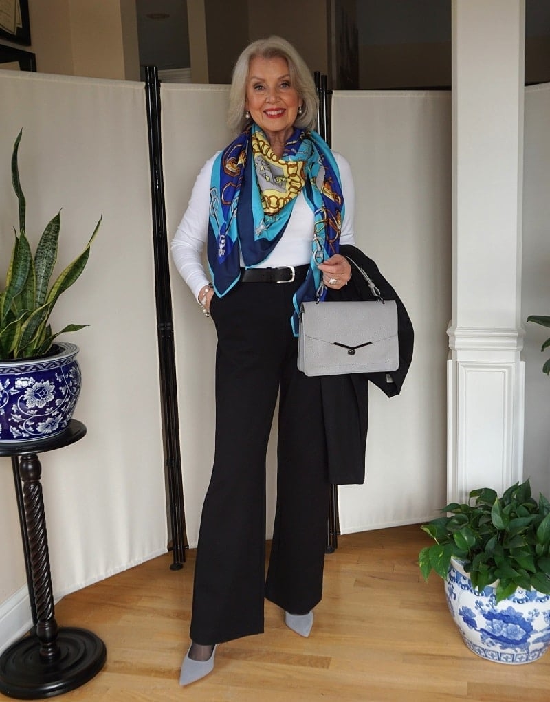Wide leg trousers with a printed silk scarf, Gray Pointed-Toe Flats Wide leg trousers with a printed silk scarf, Gray Pointed-Toe Flats — Casual Church Outfit