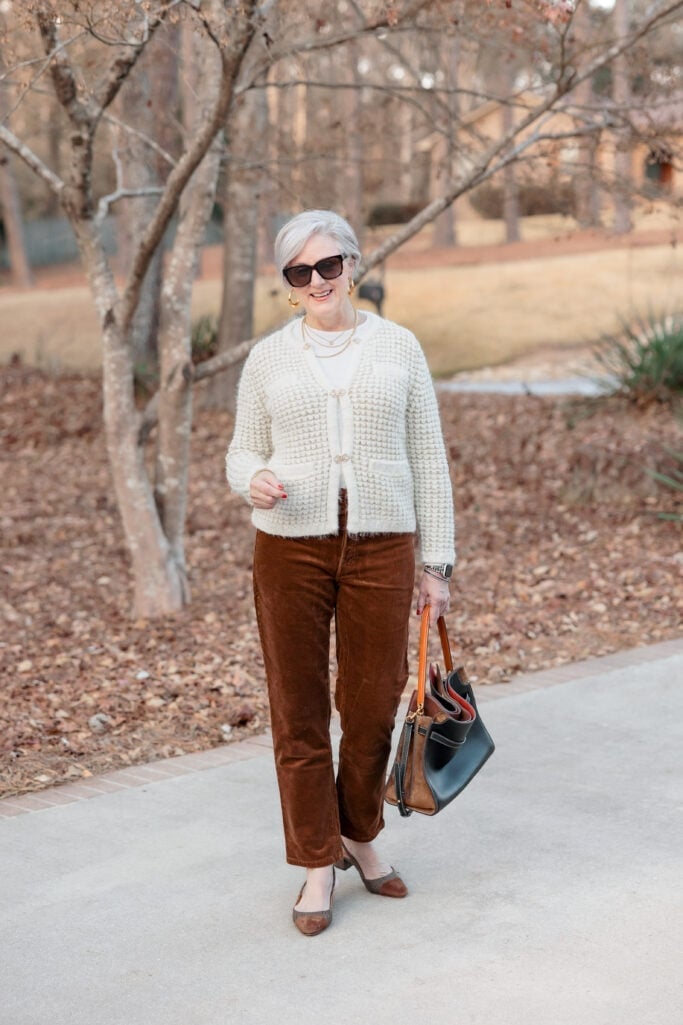 Corduroy trousers with a textured knit cardigan Corduroy trousers with a textured knit cardigan — Casual Church Outfit