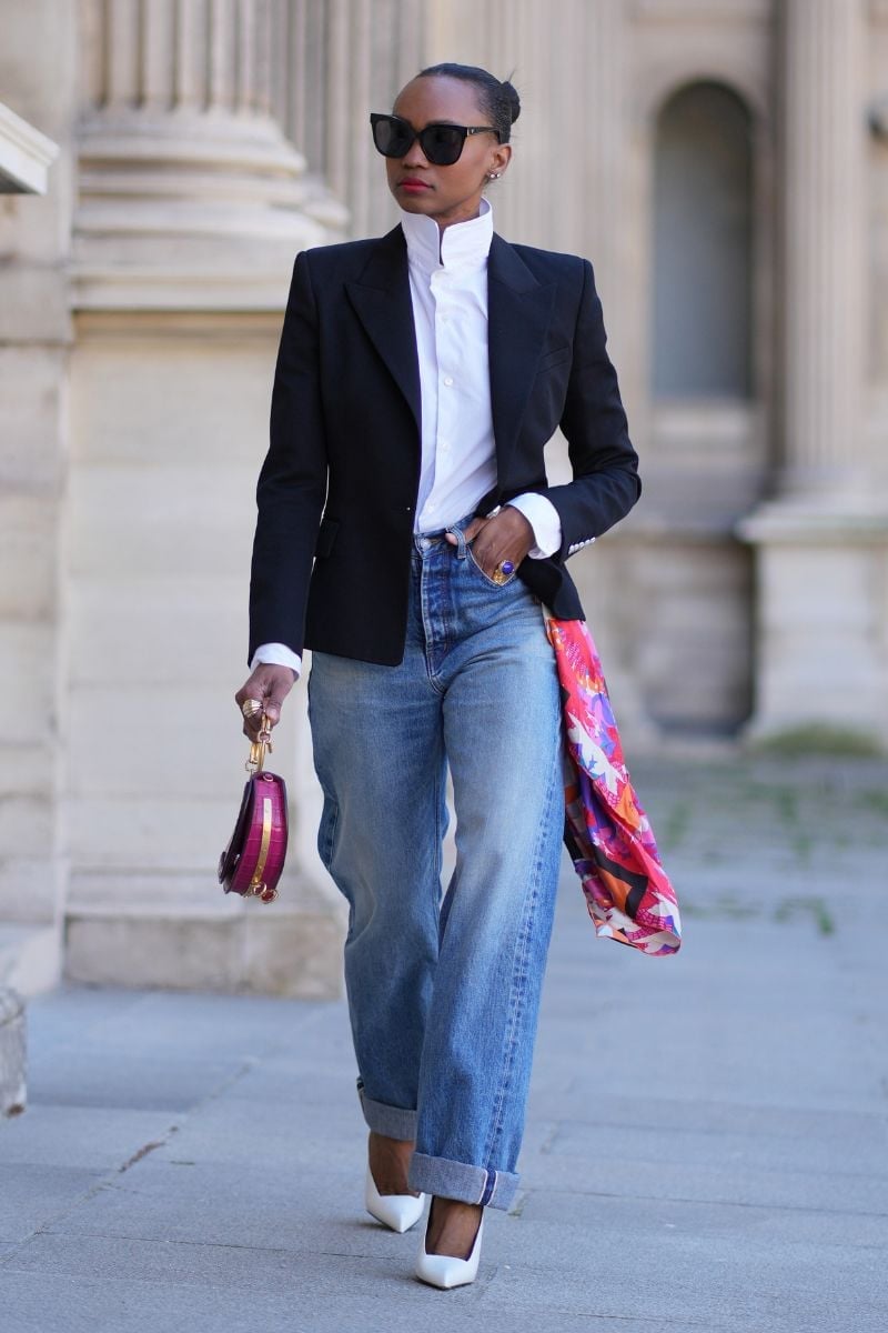 Fitted black blazer over a white dress Fitted black blazer over a white dress — Casual Church Outfit