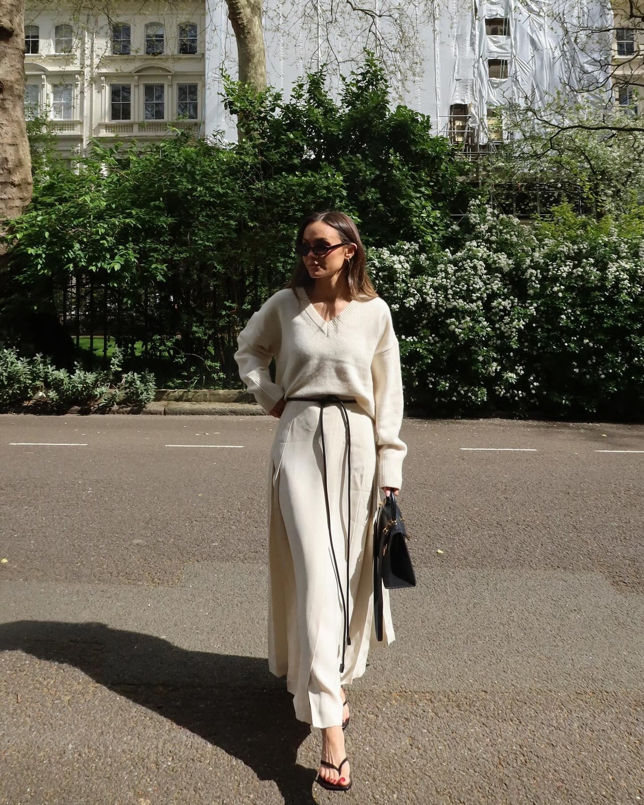 Flowy midi skirt and v-neck sweater, Black Thong Sandals Flowy midi skirt and v-neck sweater, Black Thong Sandals — Casual Church Outfit