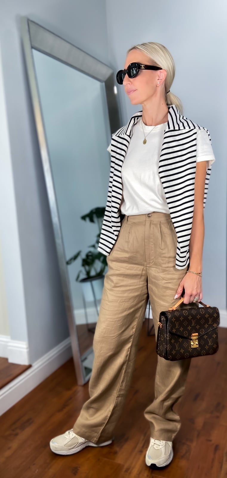 Linen trousers with a striped sweater Linen trousers with a striped sweater — Casual Church Outfit