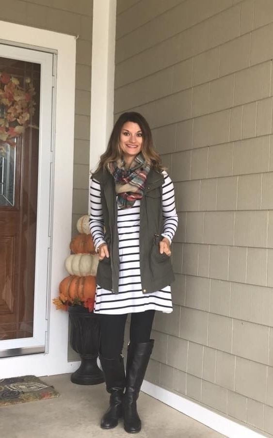 Tunic and leggings with utility vest and scarf Tunic and leggings with utility vest and scarf — Casual Church Outfit