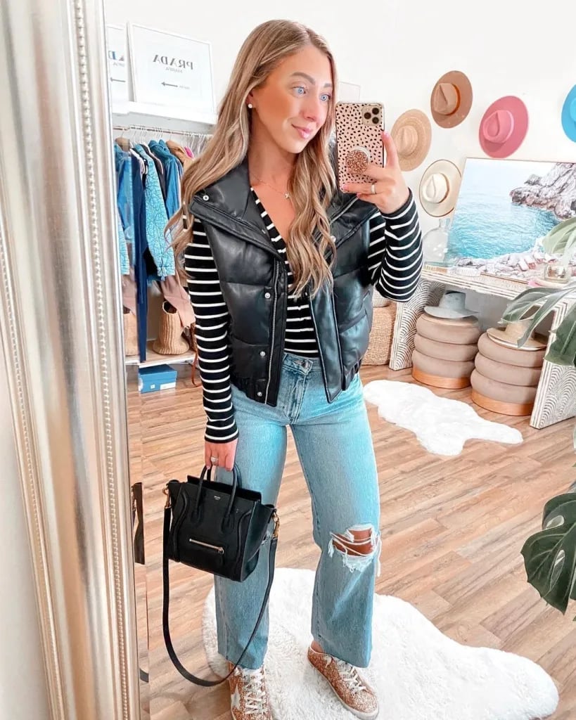 Puffer vest over striped shirt with distressed jeans Puffer vest over striped shirt with distressed jeans — Casual Church Outfit