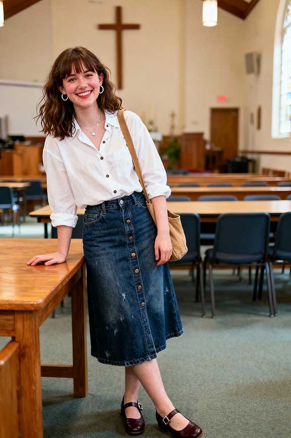 Denim midi skirt with an oversized button-down, Office-Safe Version Denim midi skirt with an oversized button-down, Office-Safe Version — Casual Church Outfit
